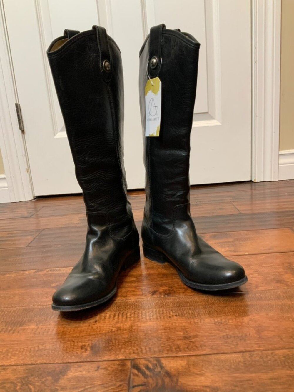 Frye Black Leather Jackie Button Riding Boots W/ Block Heels, Size 5.5